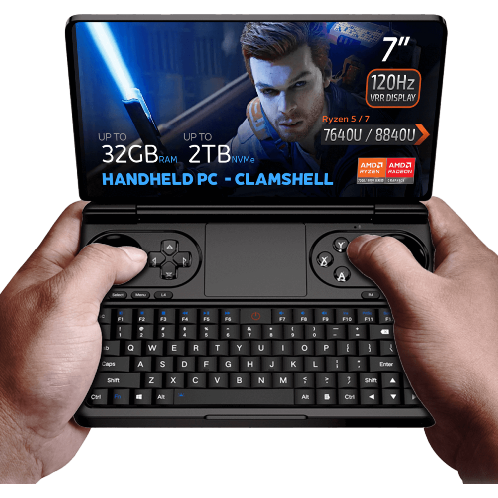 GPD WIN Mini 2024: Kraftfull handhållen gaming-dator med 7&quot; FHD 120Hz VRR-pekskärm. Utrustad med AMD Ryzen 7 8840U CPU, Radeon 780M GPU, 32 GB RAM, 2 TB NVMe-lagring. Kompakt clamshell-design med fullt tangentbord och spelkontroller. Mångsidiga anslutningsmöjligheter inklusive Wi-Fi 6E och Bluetooth 5.2. Körs med Windows 11 Home. DROIX-varumärket är synligt. Kompakt formfaktor ger bärbarhet och kraft för spel och produktivitet i farten.