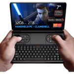 GPD WIN Mini 2024: Powerful handheld gaming PC with 7" FHD 120Hz VRR touchscreen. Features AMD Ryzen 7 8840U CPU, Radeon 780M GPU, 32GB RAM, 2TB NVMe storage. Compact clamshell design with full keyboard and gaming controls. Versatile connectivity including Wi-Fi 6E and Bluetooth 5.2. Runs Windows 11 Home. DROIX branding visible. Compact form factor offers portability and power for gaming and productivity on-the-go.