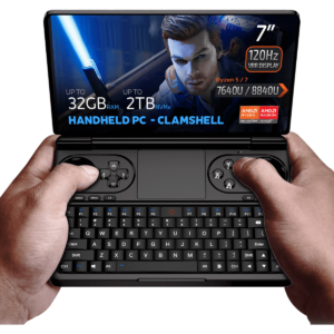 GPD WIN Mini 2024: Wydajny przenośny komputer do gier z 7-calowym ekranem dotykowym FHD 120 Hz VRR. Wyposażony w procesor AMD Ryzen 7 8840U, kartę graficzną Radeon 780M, 32 GB pamięci RAM i 2 TB pamięci masowej NVMe. Kompaktowa konstrukcja typu clamshell z pełną klawiaturą i kontrolerami do gier. Wszechstronna łączność, w tym Wi-Fi 6E i Bluetooth 5.2. Działa z Windows 11 Home. Widoczne logo DROIX. Kompaktowa obudowa zapewnia przenośność i moc do gier i produktywności w podróży.