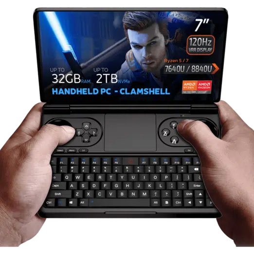GPD WIN Mini 2024 Powerful handheld gaming PC with 7 FHD 120Hz VRR touchscreen Features AMD Ryzen 7 8840U CPU Radeon 780M GPU 32GB RAM 2TB NVMe storage Compact clamshell design with full keyboard and gaming controls Versatile connectivity including Wi Fi 6E and Bluetooth 52 Runs Windows 11 Home DROIX branding visible Compact form factor offers portability and power for gaming and productivity on the go