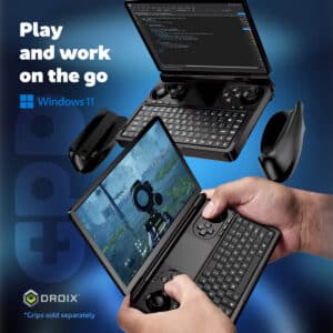 PC de jeu portable DROIX : Appareil polyvalent Windows 11 pour jouer et travailler en déplacement. Il est doté d&#039;un écran tactile de 7 pouces, d&#039;un clavier complet et de commandes de jeu. Fonctionnalité bimode : codage sur l&#039;écran supérieur, jeu FPS sur l&#039;écran inférieur. Poignées amovibles pour un meilleur confort de jeu. Format compact idéal pour la productivité et les jeux portables. *Remarque : les poignées sont vendues séparément.