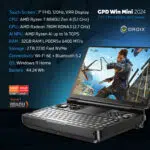GPD WIN Mini 2024 Powerful handheld gaming PC with 7 FHD 120Hz VRR touchscreen Features AMD Ryzen 7 8840U CPU Radeon 780M GPU 32GB RAM 2TB NVMe storage Compact clamshell design with full keyboard and gaming controls Versatile connectivity including Wi Fi 6E and Bluetooth 52 Runs Windows 11 Home DROIX branding visible Compact form factor offers portability and power for gaming and productivity on the go