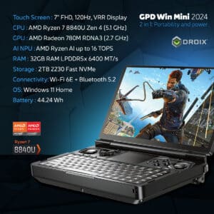 GPD WIN Mini 2024: Wydajny przenośny komputer do gier z 7-calowym ekranem dotykowym FHD 120 Hz VRR. Wyposażony w procesor AMD Ryzen 7 8840U, kartę graficzną Radeon 780M, 32 GB pamięci RAM i 2 TB pamięci masowej NVMe. Kompaktowa konstrukcja typu clamshell z pełną klawiaturą i kontrolerami do gier. Wszechstronna łączność, w tym Wi-Fi 6E i Bluetooth 5.2. Działa z Windows 11 Home. Widoczne logo DROIX. Kompaktowa obudowa zapewnia przenośność i moc do gier i produktywności w podróży.