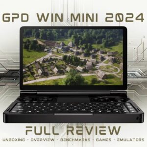 GPD WIN Mini 2024: PC da gioco portatile compatto in posizione aperta a conchiglia. Display da 7 pollici ad alta risoluzione con una vivace veduta aerea di un villaggio rurale con case tradizionali e vegetazione lussureggiante. La tastiera completa QWERTY è visibile sotto lo schermo, a indicare la doppia funzionalità per il gioco e la produttività. Dispositivo circondato da schemi di circuiti stampati stilizzati, che ne sottolineano l&#039;abilità tecnologica. Il testo in sovrimpressione recita &quot;GPD WIN MINI 2024&quot; in alto e &quot;FULL REVIEW&quot; in basso, con sottotesto &quot;UNBOXING - OVERVIEW - BENCHMARKS - GAMES - EMULATORS&quot;. L&#039;immagine fonde la presentazione dell&#039;hardware reale con elementi grafici, suggerendo una recensione completa delle capacità del dispositivo in vari casi d&#039;uso. Lo chassis nero contrasta con i contenuti colorati dello schermo, evidenziando il design elegante e la portabilità del dispositivo e promettendo al contempo potenti prestazioni per i giochi e non solo.