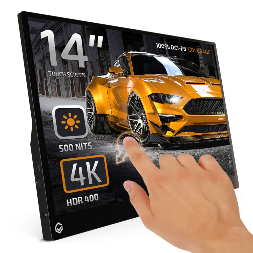 Monitor portátil táctil DroiX de 14 pulgadas que muestra una imagen 4K de un coche deportivo amarillo. El texto superpuesto destaca las características: Pantalla táctil de 14 pulgadas, 500 NITS de brillo, resolución 4K y compatibilidad con HDR 400. Se muestra una mano interactuando con la pantalla táctil