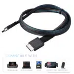 Image showcasing the ONEXPLAYER OCuLink cable with a durable braided design and connectors on both ends Below there is a compatibility section displaying supported devices including GPD WIN 4 2024  2025 GPD WIN MAX 2 2024  2025 GPD DUO ONEXPLAYER X1X1 Mini and MINISFORUM UM780XTX along with a note mentioning compatibility with additional devices featuring OCuLinkM2 NVMe ports