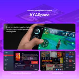 Imagen promocional de AYASpace, un frontend de gestión portátil para dispositivos AYANEO. Incluye mapeo de botones para juegos móviles, raspado automático de contenidos de juegos y una función de &quot;configuración rápida&quot; para servicios de gestión &quot;todo en uno&quot;. La imagen muestra la interfaz en un dispositivo portátil y las pantallas de la biblioteca de juegos.