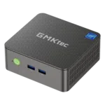 Front view of the GMKtec G3 N100 mini PC showcasing its sleek black design with a smooth finish a power button and ventilation grilles The minimalist front panel emphasizes its compact and modern aesthetic