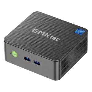 Front view of the GMKtec G3 N100 mini PC, showcasing its sleek black design with a smooth finish, a power button, and ventilation grilles. The minimalist front panel emphasizes its compact and modern aesthetic.