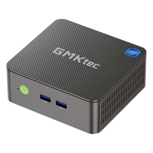 Front view of the GMKtec G3 N100 mini PC showcasing its sleek black design with a smooth finish a power button and ventilation grilles The minimalist front panel emphasizes its compact and modern aesthetic
