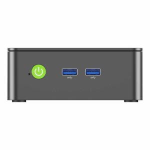 Vista frontal del mini PC GMKtec G3 N100, en la que destaca su moderno y compacto diseño en negro. El elegante panel frontal incluye un botón de encendido y discretas rejillas de ventilación, ofreciendo un complemento elegante y discreto a cualquier configuración