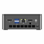 Back view of the GMKtec G3 N100 mini PC, displaying its array of input/output ports. The layout includes HDMI, USB, Ethernet, and audio ports, designed for comprehensive connectivity. The compact and efficient design ensures easy access and versatile functionality