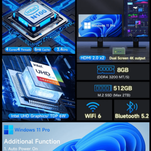 GMKtec G3 N100 Mini-PC mit Windows 11 Pro, ausgestattet mit Intel UHD Graphics, WiFi 6 und Bluetooth 5.2. Das kompakte schwarze Gerät hat ein modernes Design mit einer glatten Oberfläche, einer Power-Taste auf der Vorderseite und einer Reihe von Anschlüssen auf der Rückseite, einschließlich HDMI, USB und Ethernet.