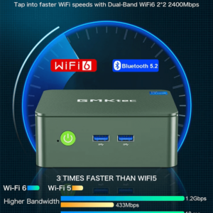 &quot;GMKtec G3 N100 mini PC z systemem Windows 11 Pro, wyposażony w układ graficzny Intel UHD Graphics, WiFi 6 i Bluetooth 5.2. Kompaktowa czarna jednostka ma nowoczesny design z gładkim wykończeniem, przyciskiem zasilania skierowanym do przodu i szeregiem portów łączności z tyłu, w tym HDMI, USB i Ethernet.