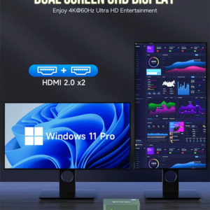 Mini PC GMKtec connecté à deux écrans HD, démontrant sa capacité à prendre en charge plusieurs écrans simultanément. L'installation comprend un mini PC noir, élégant et compact, avec des ports HDMI utilisés pour connecter deux moniteurs haute définition affichant des images vibrantes et nettes.