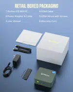 GMKtec G3 Mini PC box contents includes mini PC unit power adapter and quick start guide Sleek black packaging with product details and specifications highlighted
