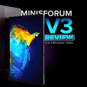 Image of the MINISFORUM V3: A compact, square-shaped mini PC with a minimalist design. The device has a matte black finish with a subtle logo on the top surface. The front panel features multiple ports including USB, HDMI, and an audio jack, indicating its versatile connectivity options. The sides have ventilation grilles for cooling, while the back hosts additional ports for power and networking. The overall design is sleek and functional, aimed at maximizing performance in a small form factor.