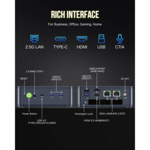 De afbeelding toont de GMKTEC NUBOX K6 Mini PC, met een rijke interface voor veelzijdige aansluitmogelijkheden. Het slanke matzwarte ontwerp biedt een moderne esthetiek, terwijl de verschillende input/output poorten een naadloze integratie met randapparatuur en externe apparaten mogelijk maken. Het GMKTEC logo is subtiel aangebracht op de bovenkant. Over het geheel genomen benadrukt het ontwerp functionaliteit, aanpasbaarheid en eigentijdse aantrekkingskracht.