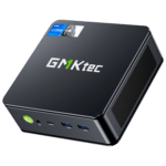 The image showcases the GMKTEC NUBOX K7 Plus Mini PC, a compact and powerful computing device. It features a sleek, modern design with a matte black finish. The GMKTEC logo is prominently displayed on the top surface. The design emphasizes high performance, portability, and versatility, making it suitable for a variety of computing tasks.