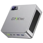 The image showcases the GMKTEC NUBOX K9 Mini PC in a stylish silver finish adding a touch of elegance to its sleek design The silver color enhances its modern aesthetic making it an attractive addition to any workspace The GMKTEC logo is subtly displayed on the top surface Overall the image highlights the sophisticated appearance of the GMKTEC NUBOX K9 Mini PC in silver
