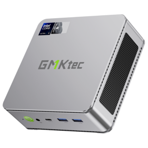 De afbeelding toont de GMKTEC NUBOX K9 Mini PC in een stijlvolle zilveren afwerking, die een vleugje elegantie toevoegt aan het slanke ontwerp. De zilveren kleur versterkt de moderne esthetiek, waardoor het een aantrekkelijke aanvulling is op elke werkruimte. Het GMKTEC logo is subtiel weergegeven op de bovenkant. De afbeelding benadrukt het verfijnde uiterlijk van de GMKTEC NUBOX K9 Mini PC in zilver.