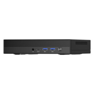 La imagen muestra el GMKTEC NUBOX M4 Mini PC, un dispositivo informático elegante y compacto. Presenta un acabado negro mate con un diseño minimalista. El panel frontal incluye múltiples puertos para la conectividad, como puertos USB y una toma de audio, mientras que el logotipo de GMKTEC aparece en la parte superior. El diseño del dispositivo destaca su portabilidad y practicidad para una gran variedad de necesidades informáticas.