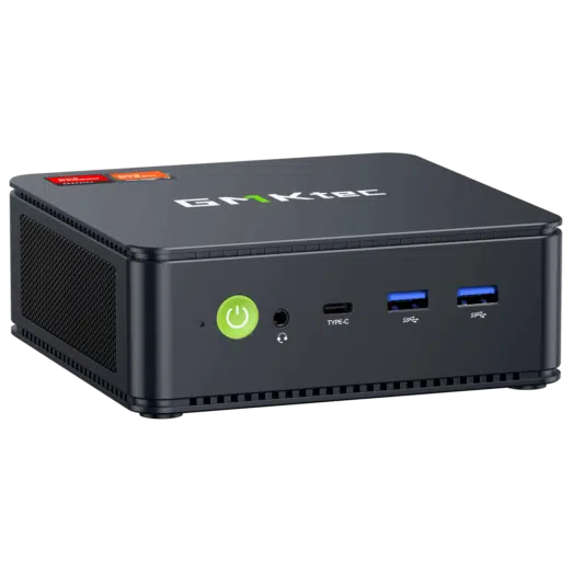 The image shows the GMKTEC NUBOX M5 Mini PC a sleek and compact computing device It has a modern design with a matte black finish The front panel features several connectivity ports including USB ports and an audio jack and the GMKTEC logo is prominently displayed on the top The overall design is minimalist emphasizing portability and functionality for diverse computing tasks