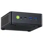 The image shows the front panel of the GMKTEC NUBOX M5 Mini PC highlighting its inputoutput ports The ports include multiple USB ports a 35mm audio jack and possibly a power button The ports are neatly arranged for easy access emphasizing the devices user friendly design and connectivity options