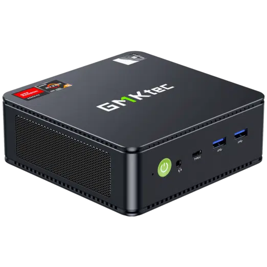 The image showcases the GMKTEC NUBOX M6 Mini PC a compact computing device designed for versatility and efficiency With a sleek matte black finish it exudes a modern aesthetic Its compact form factor makes it suitable for various computing needs The GMKTEC logo is subtly displayed on the device maintaining a minimalist design