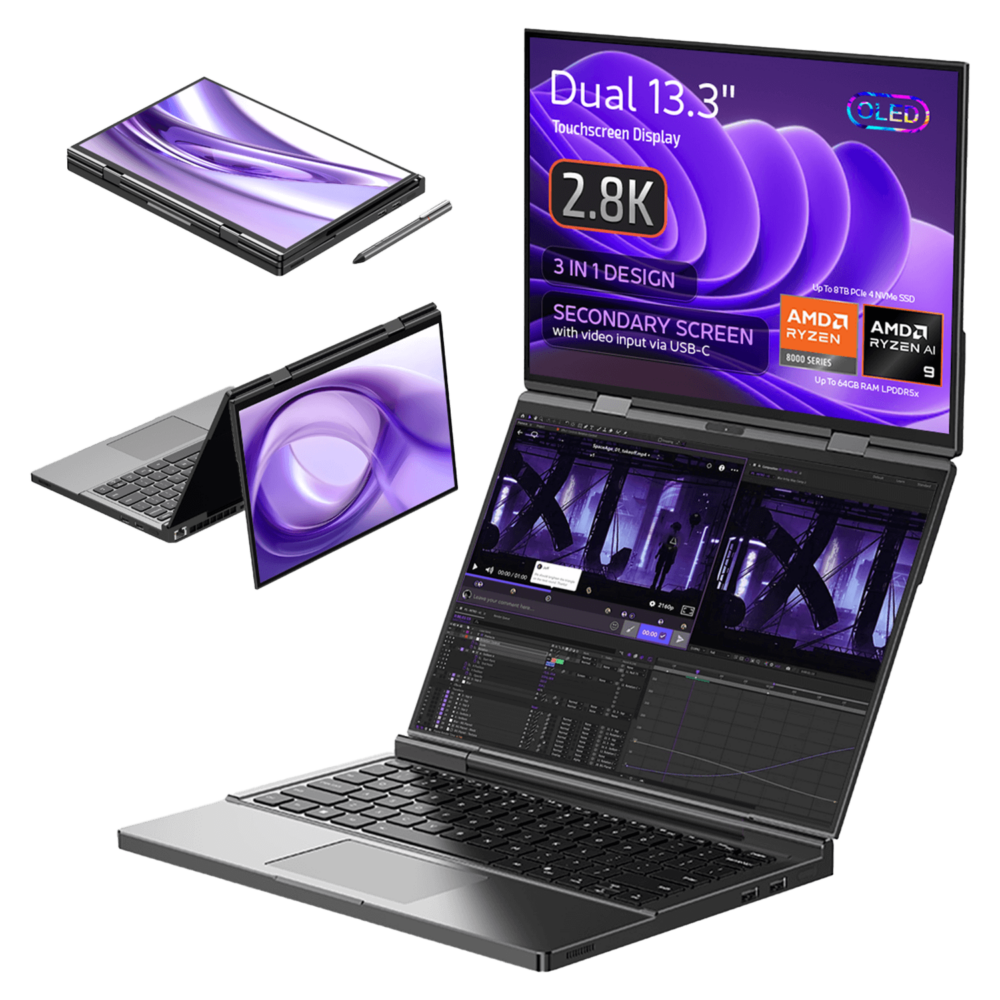 Afbeelding van de GPD Duo laptop, met het 3-in-1 ontwerp met twee 13,3-inch touchscreen displays, elk met een 2,8K OLED resolutie. De laptop wordt weergegeven in verschillende modi: tablet, tent en laptopconfiguraties met twee schermen. Het secundaire scherm ondersteunt video-invoer via USB-C. Tot de specificaties behoren AMD Ryzen 7 8840U of Ryzen AI, tot 64 GB LPDDR5x RAM en tot 8 TB PCIe 4.0 NVMe SSD-opslag.