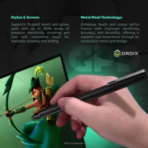 The GPD Win Max 2 (2024) supports a stylus and features a touchscreen that accommodates 10-point touch input. It also supports active pens with 4096 levels of pressure sensitivity, ideal for precise drawing, note-taking, and creative tasks.