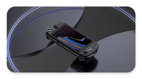 Black Handheld Gaming PC GPD WIN 4 floating on an abstract background