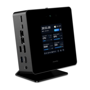 Front view of the Minisforum AtomMan X7 Ti, featuring a sleek, modern design. The device includes multiple ports such as USB, HDMI, and Ethernet. It is designed for high performance with advanced cooling systems, ensuring efficient and quiet operation.