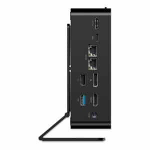 Vista lateral del Minisforum AtomMan X7 Ti, en la que destaca su diseño delgado y moderno. El dispositivo cuenta con varios puertos, como USB, HDMI y Ethernet, y está diseñado para ofrecer un alto rendimiento con sistemas de refrigeración avanzados para mantener la eficiencia y un funcionamiento silencioso.