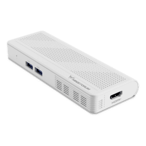 Vue avant de la clé PC Minisforum S100, montrant son design compact et élégant avec des ports visibles, notamment USB3.2 Gen2 Type-A, HDMI, USB3.2 Gen2 Type-C, et un port Ethernet RJ45 2,5G. L'appareil est équipé du processeur Intel N100, offrant une faible consommation d'énergie et un fonctionnement silencieux. Il prend en charge la distribution d'énergie PoE IEEE 802.3at pour des performances et une efficacité accrues.