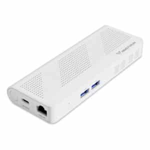 Frontrendering af den kompakte Minisforum S100 PC-stick, der fremhæver dens mange porte: USB3.2 Gen2 Type-A, HDMI, USB3.2 Gen2 Type-C og RJ45 2.5G Ethernet. Denne enhed drives af Intel N100-processoren og sikrer lavt strømforbrug og støjsvag ydeevne. Den understøtter også PoE IEEE 802.3at, hvilket forbedrer både strømforsyningen og effektiviteten.