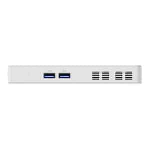 Representación lateral del PC stick Minisforum S100, que muestra su perfil delgado y compacto. Los puertos visibles incluyen USB3.2 Gen2 Tipo-A, HDMI, USB3.2 Gen2 Tipo-C y RJ45 2.5G Ethernet. Equipado con el procesador Intel N100, el dispositivo ofrece un bajo consumo de energía, un funcionamiento silencioso y es compatible con PoE IEEE 802.3at para un suministro de energía eficiente.