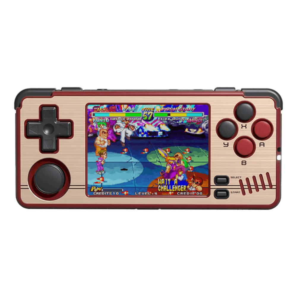 MiYoo A30 handheld gaming console in red and gold colors, featuring a stylish and vibrant design for retro gaming enthusiasts