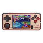 MiYoo A30 handheld gaming console in red and gold colors, featuring a stylish and vibrant design for retro gaming enthusiasts