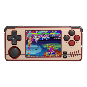 MiYoo A30 handheld gaming console in red and gold colors, featuring a stylish and vibrant design for retro gaming enthusiasts