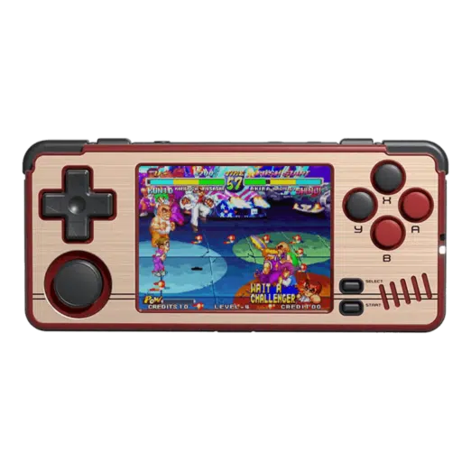 MiYoo A30 handheld gaming console in red and gold colors featuring a stylish and vibrant design for retro gaming enthusiasts