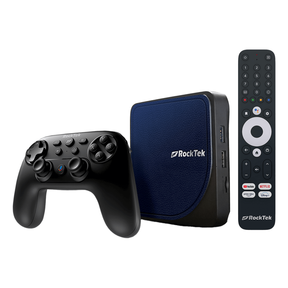 Dispositivo di streaming multimediale Rocktek G2 con controller wireless, che mostra un box di streaming nero compatto e un controller nero abbinato con più pulsanti per la navigazione e il controllo.