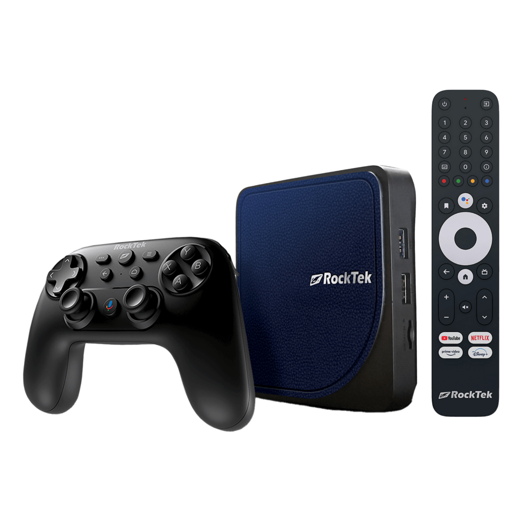 Rocktek G2 media streaming device with a wireless controller showing a compact black streaming box and a matching black controller with multiple buttons for navigation and control