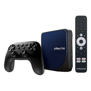 Rocktek G2 media streaming device with a wireless controller, visar en kompakt svart streamingbox och en matchande svart controller med flera knappar för navigering och styrning.