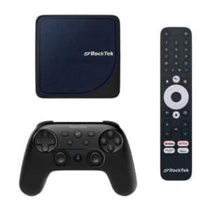 Dispositivo per lo streaming multimediale Rocktek G2 con controller wireless allegato, caratterizzato da un design compatto e da molteplici pulsanti per la navigazione e il controllo dei media.