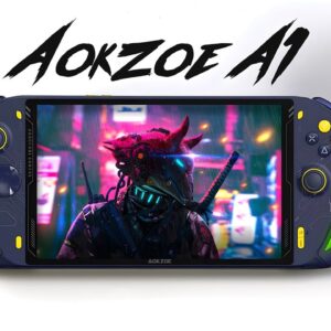 Image of the AOKZOE A1: A high-resolution handheld gaming console with a sleek, modern design. The device features a large touchscreen display at the center, flanked by two sets of control buttons and analog sticks on either side. The console has a streamlined, ergonomic shape, designed for comfortable handheld use. The display showcases a vibrant game scene, highlighting the console's graphical capabilities. The overall color scheme is a mix of black and dark gray, giving it a professional and stylish appearance.