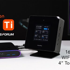 Minisforum AtomMan X7 Ti, doté d'un design élégant et moderne. L'appareil comprend de nombreux ports tels que USB, HDMI et Ethernet. Il est conçu pour de hautes performances avec des systèmes de refroidissement avancés, garantissant un fonctionnement efficace et silencieux.