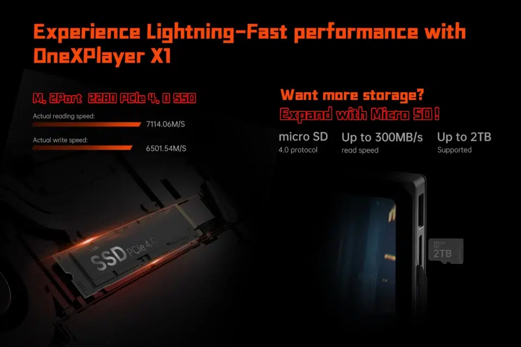 337c4fa3021dad4618b8178e3b7a5d32fb DROIX Global Information on the storage options for the OneXPlayer X1 featuring an M2 PCIe 40 SSD with reading speed of 711406MBs and writing speed of 650154MBs It also shows support for microSD storage expansion up to 2TB with read speeds up to 300MBs