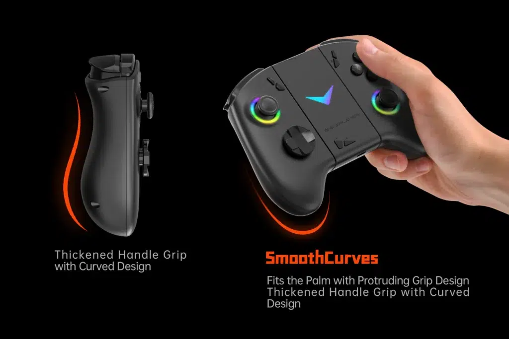 55 DROIX Global A game controller shown in two views one from the side and one in hand The side view highlights the thickened handle grip with a curved design emphasizing ergonomic comfort The in hand view showcases the controller's smooth curves, stating it "fits the palm with a protruding grip design." The controller features colored rings around the joysticks.