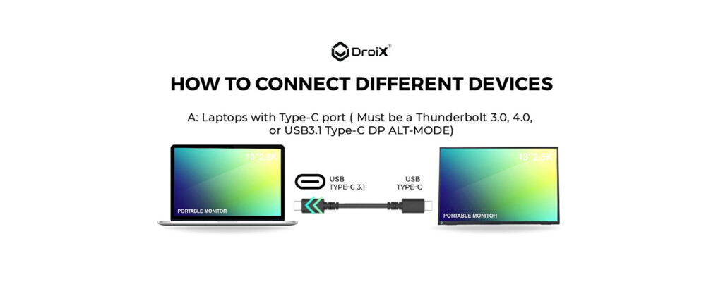 DroiX PM13 2K Portable Monitor 6 Connect your Thunderbolt 3 or 4 enabled MacBook seamlessly to the DroiX PM13 portable monitor via its Type-C port with DP ALT-MODE support. This advanced connectivity ensures both video transmission and power delivery through a single Type-C cable, maximizing convenience and efficiency.